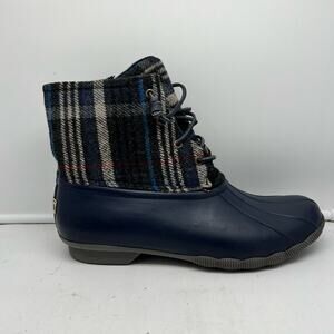 Sperry Saltwater Boots Womens 11 Plaid Blue Waterproof Rain Duck